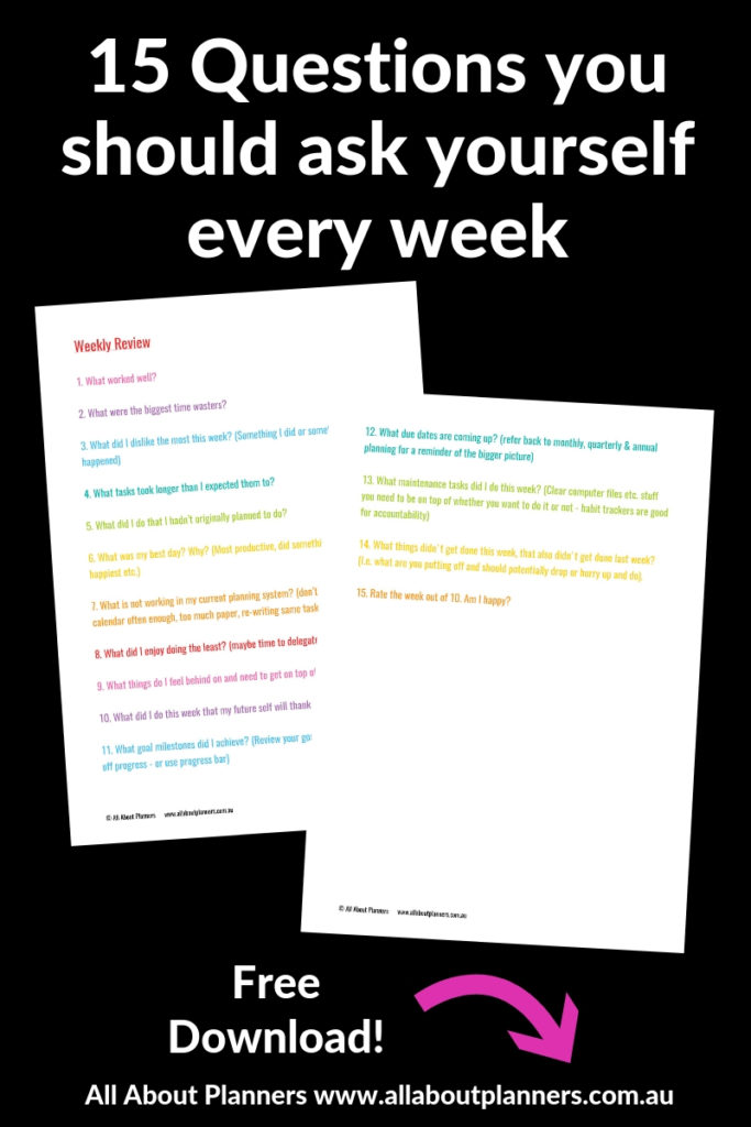 weekly review questions colorful rainbow productivity goal setting organize planner tips inspiration life