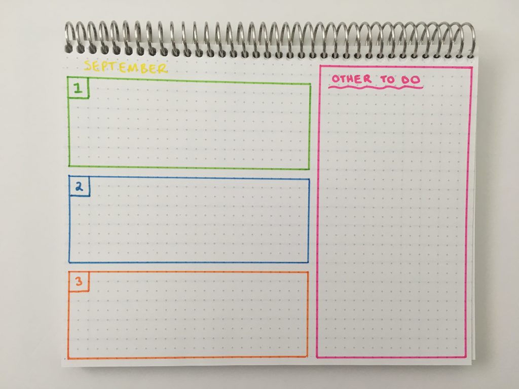 bullet journal to do list monthly spread simple layout colorful marker pens carrie elle notebook coil bound white paper