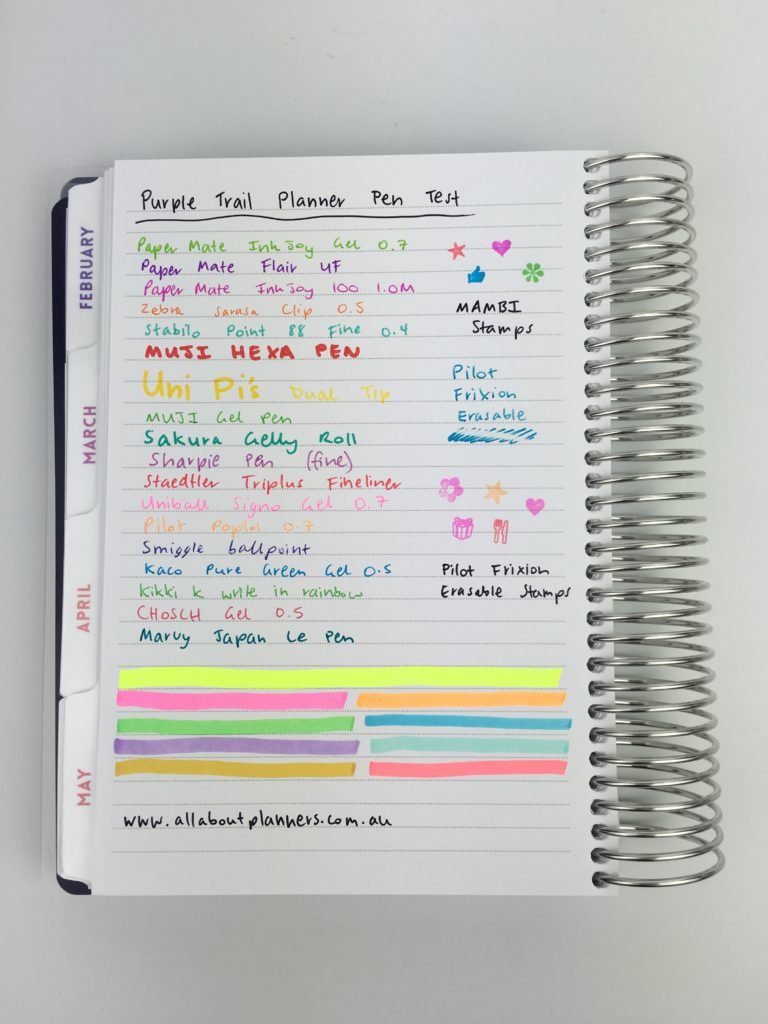 purple trail planner pen testing ghosting bleed through fine tip pens stamps highlighters