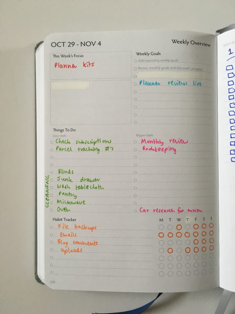 unbound weekly planner review pros and cons overview spread colorful rainbow habit tracker cleaning priorities bright white paper hardbound