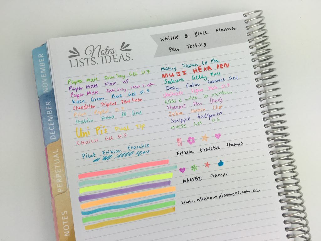 whistle and birch planner pen testing paper quality ghosting bleed through highlighters gel stamps