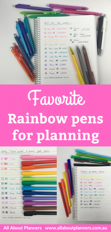 favorite rainbow pens for planning review pen swatches ghosting bleed through gel ballpoint fine tip