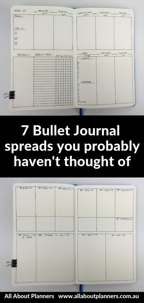 bullet journal layouts weekly spread 1 page 2 page horizontal vertical monday start minimalist quick simple easy