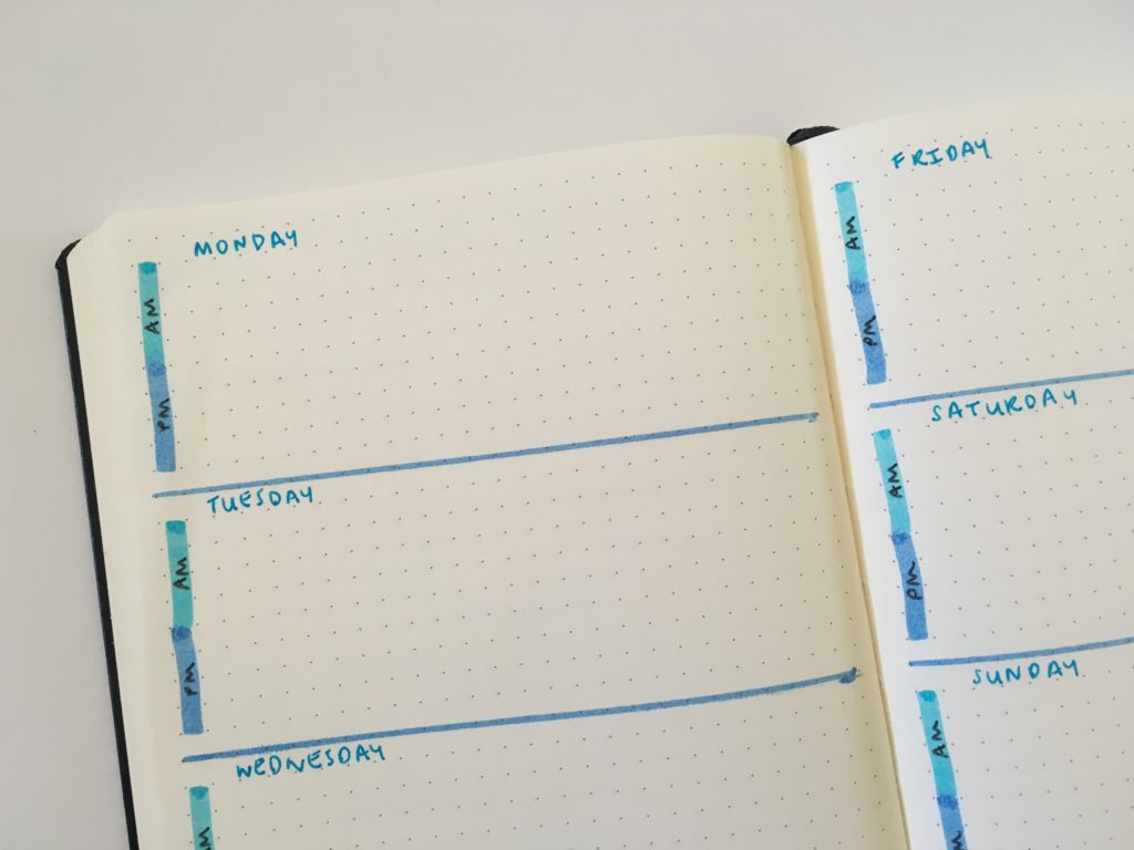 bullet journal highlighters am pm horizontal weekly spread layout ideas simple quick easy colorful bujo minimalist planning ideas zebre uni promark