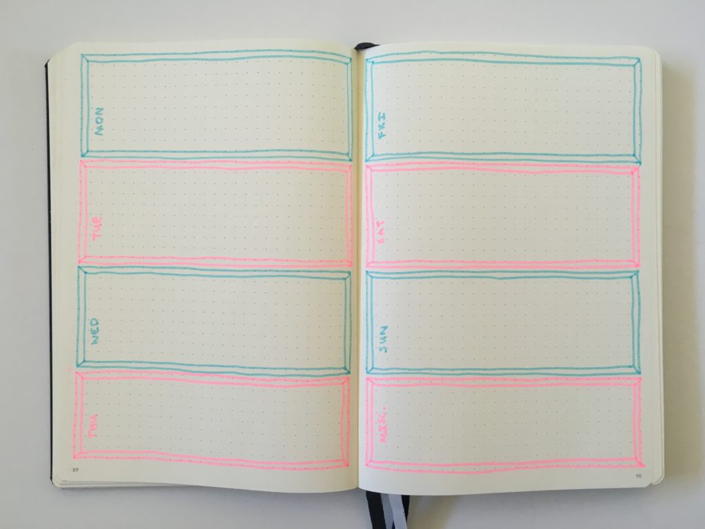 bullet journal weekly spread horizontal simple highlighter border tips layout monday start leuchtturm 1917 dot grid notebook