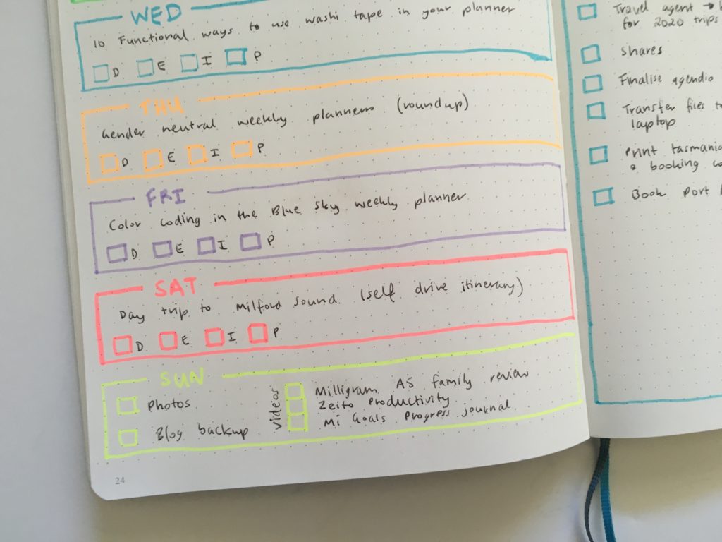 2 page bullet journal spread leuchtturm slim dot grid notebook highlighters color coding rainbow pros and cons blogging quick easy