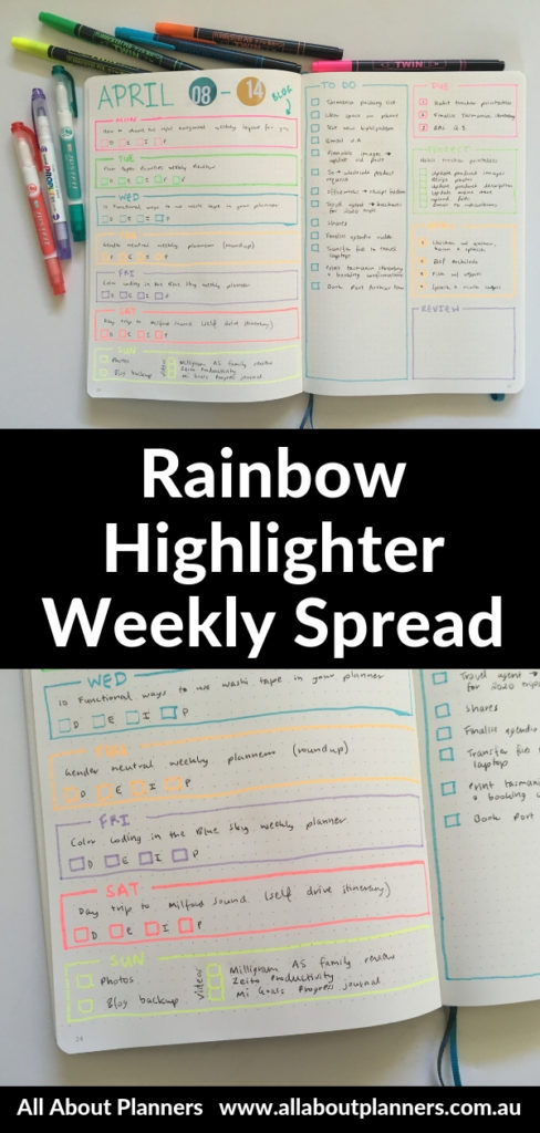 rainbow highlighter weekly spread simple quick easy bullet journal layout idea monday start horizontal color coded minimalist