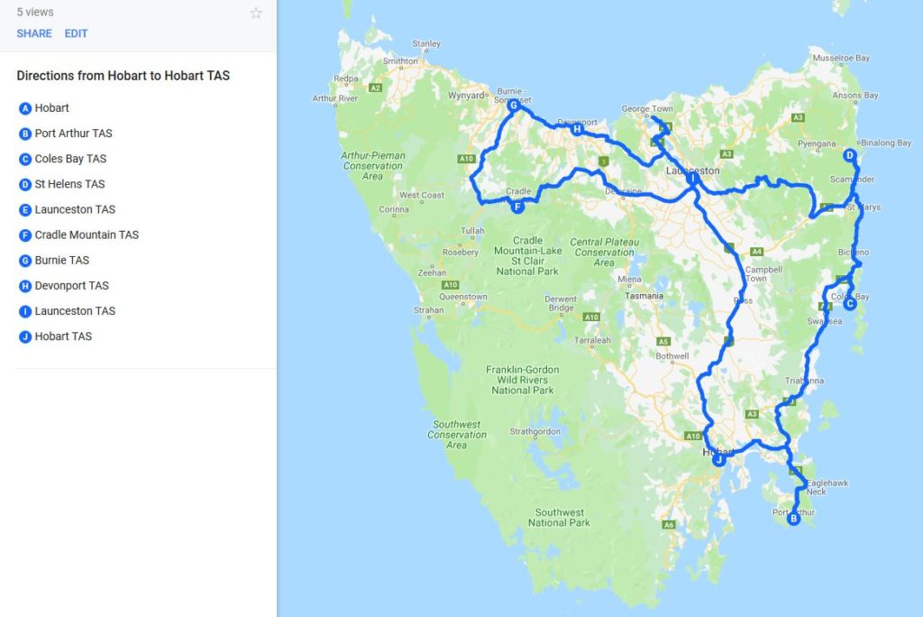 tasmania travel route