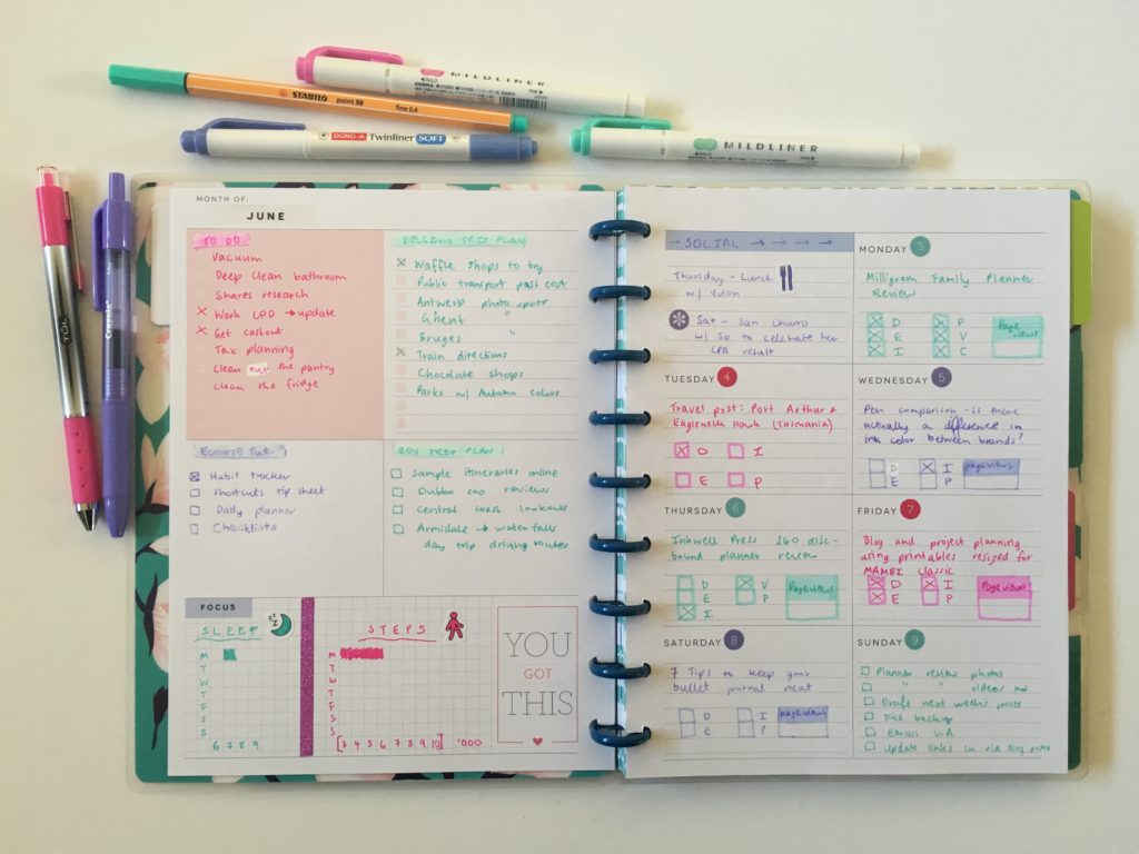 happy planner dashboard weekly layout inserts refill rainbow date dot stickers zebra mildliners pink purple mint theme mambi