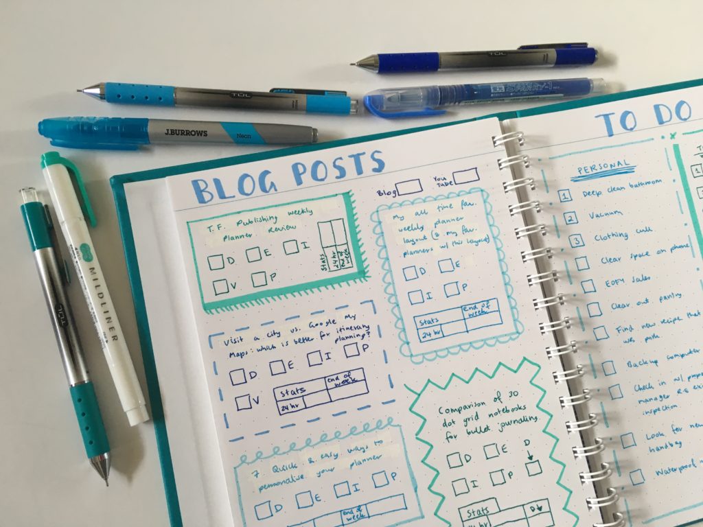 bullet journaling in the agendio dot grid notebook medium page size blue theme highlighters zebra mildliner