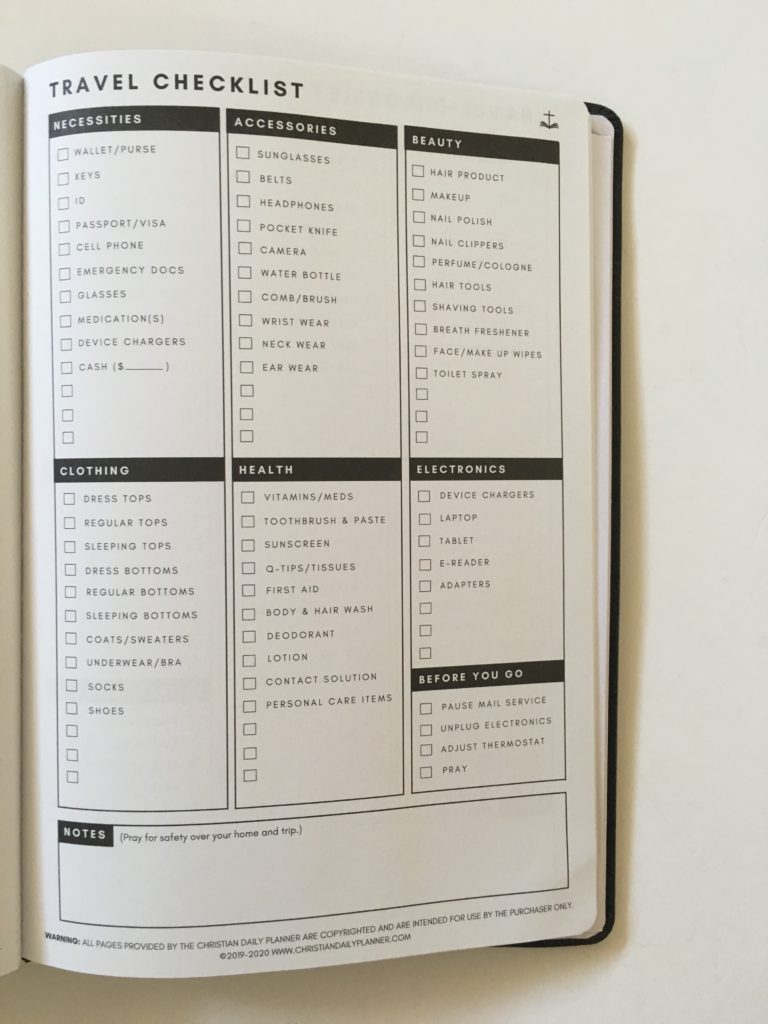 christian daily planner review travel checklist