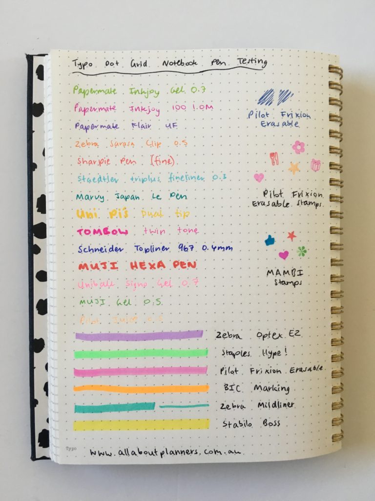 typo dot grid notebook review bullet journal pen testing ghosting bleed through pen highlighter