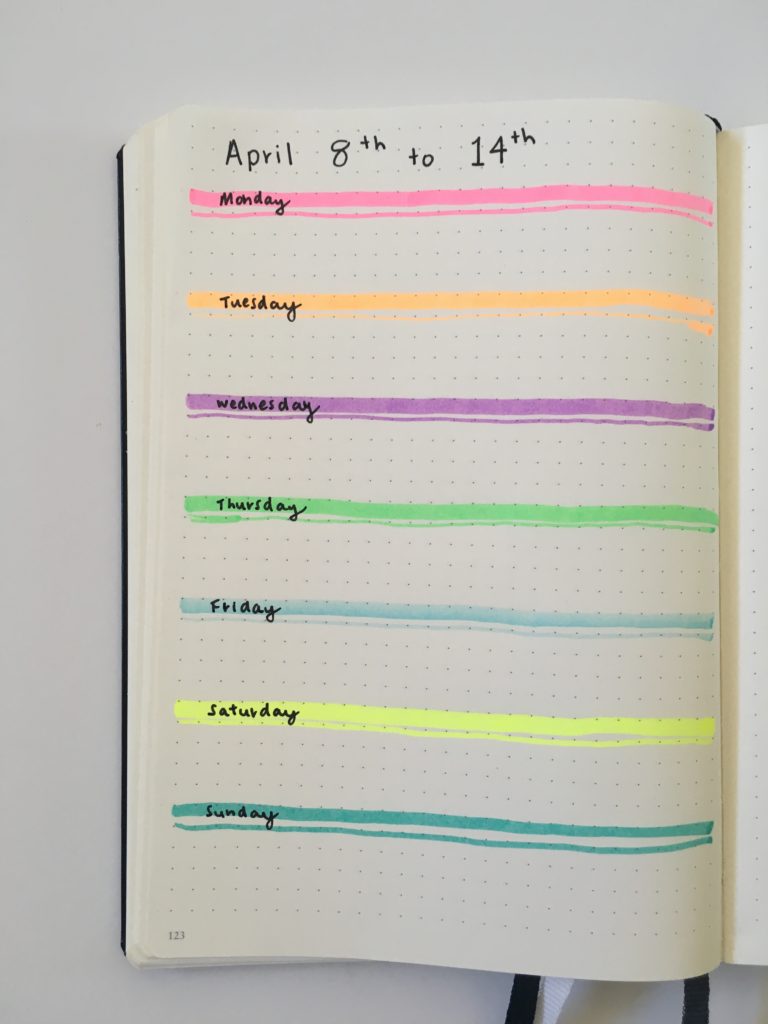 bullet journal 1 page weekly spread rainbow highlighter simple quick minimalist easy layout