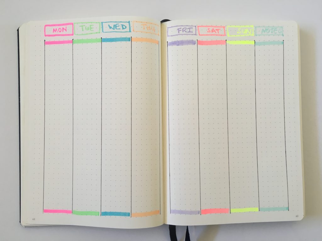 bullet journal vertical weekly spread 2 page monday start simple minimalist vertical highlighters quick easy color coding by day