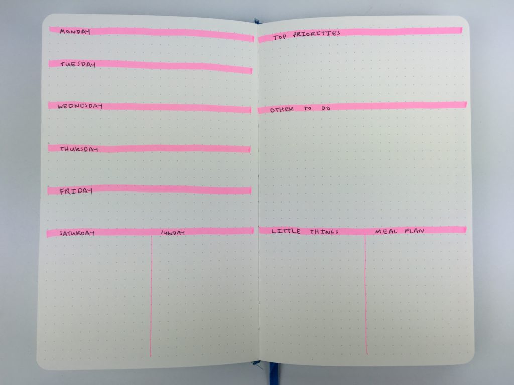 bullet journal weekly spread highlighters larger weekend planning monday start simple minimalist ideas tips inspiration inspo roundup sketches layouts