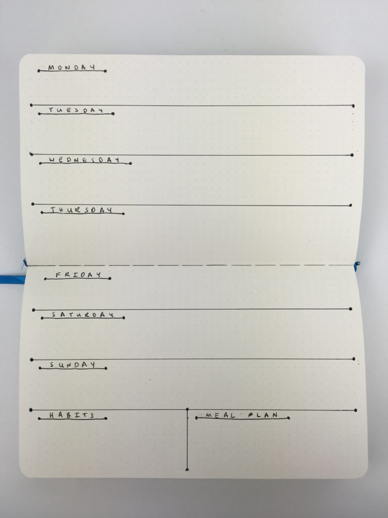 bullet journal weekly spread landscape minimalist frixion erasable pens simple monday start dot grid notebook inspo