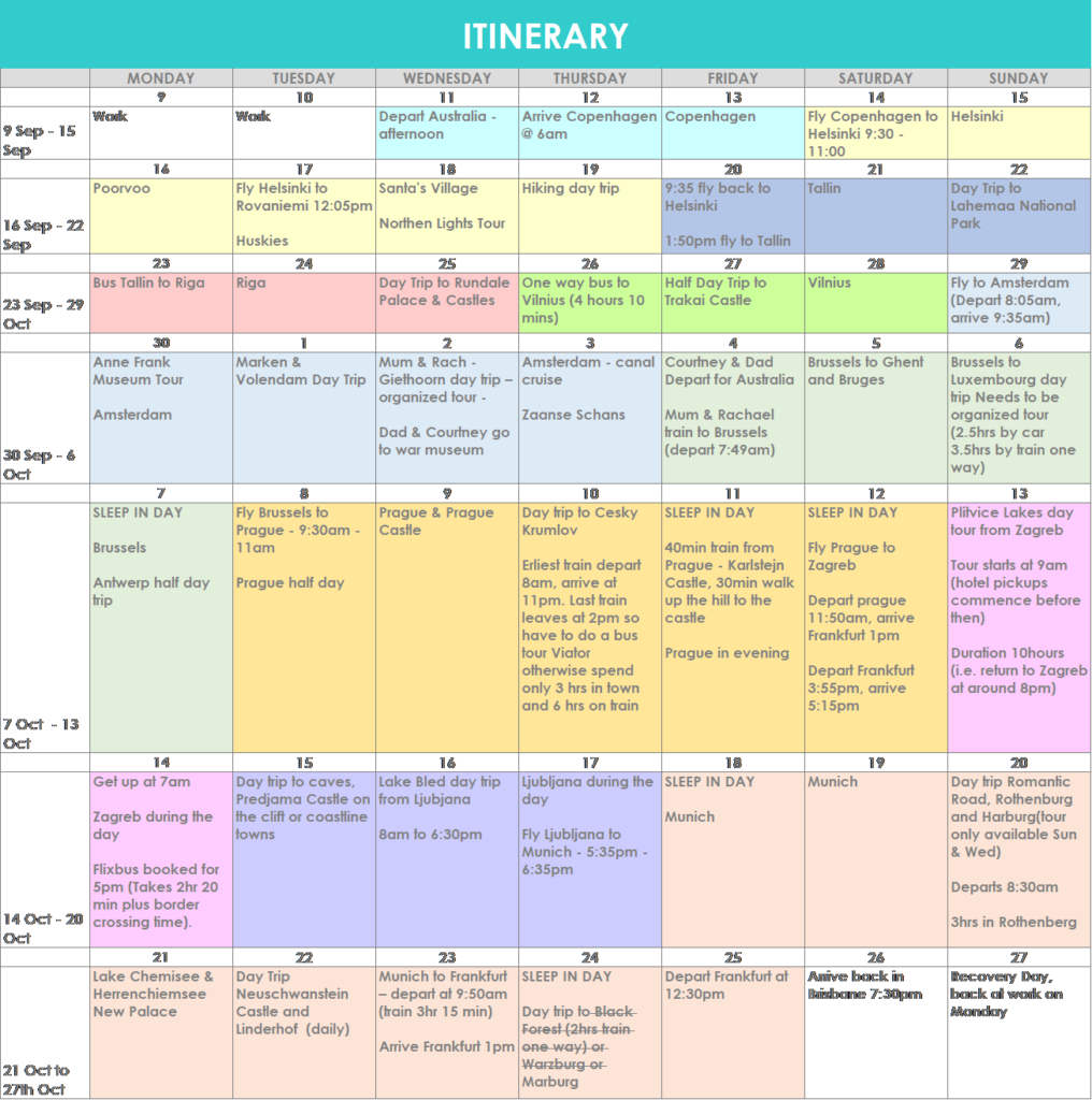 europe 2019 itinerary draft made using microsoft excel color coded by country itinerary planning template spreadsheet