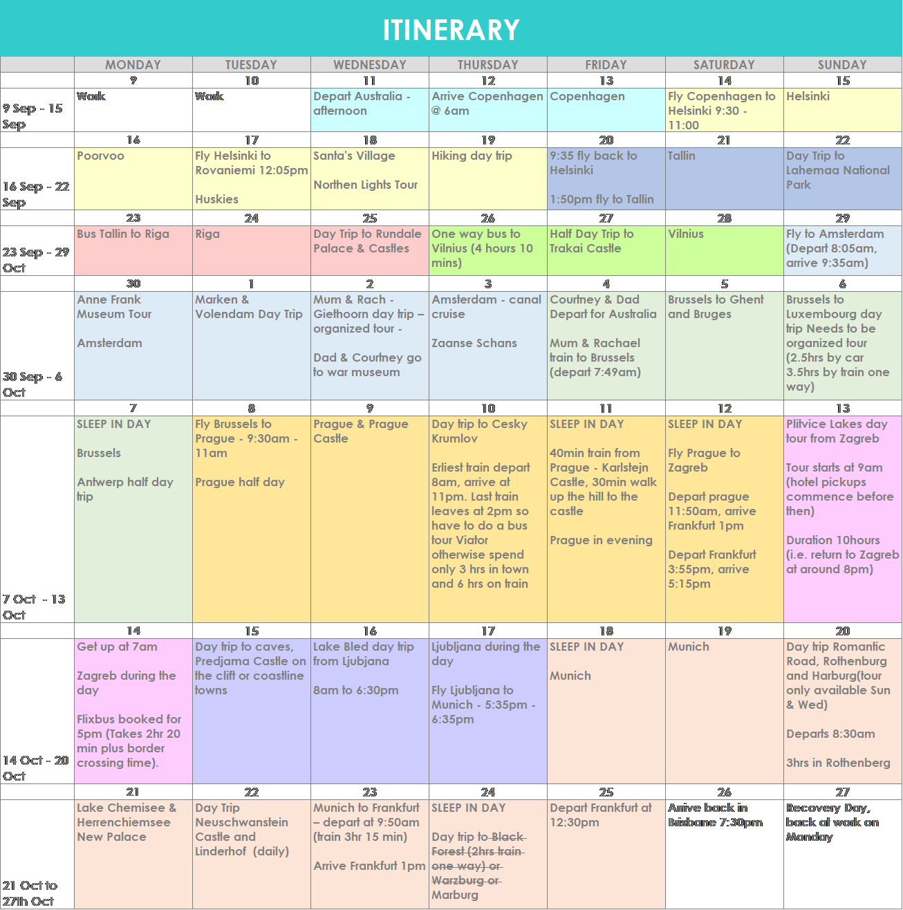 europe 2019 itinerary draft made using microsoft excel color coded by country itinerary planning template spreadsheet