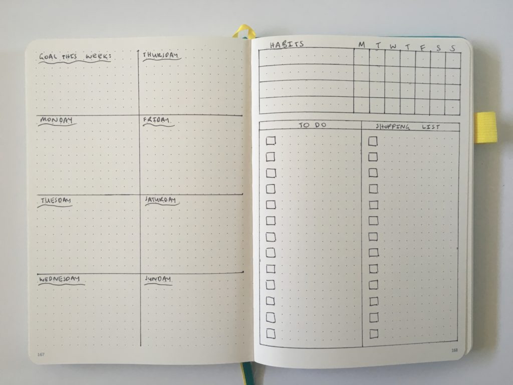 horizontal weekly spread bullet journal scribbles that matter monday start list habit tracker minimalist simple quick easy
