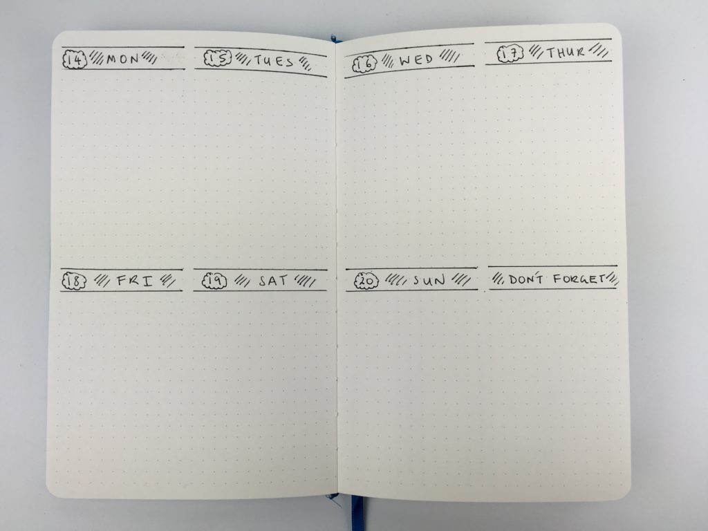 simple bullet journal weekly spread layout miniamlist 2 page horizontal minimalist functional checklist monday start minimalism art dot grid notebook review