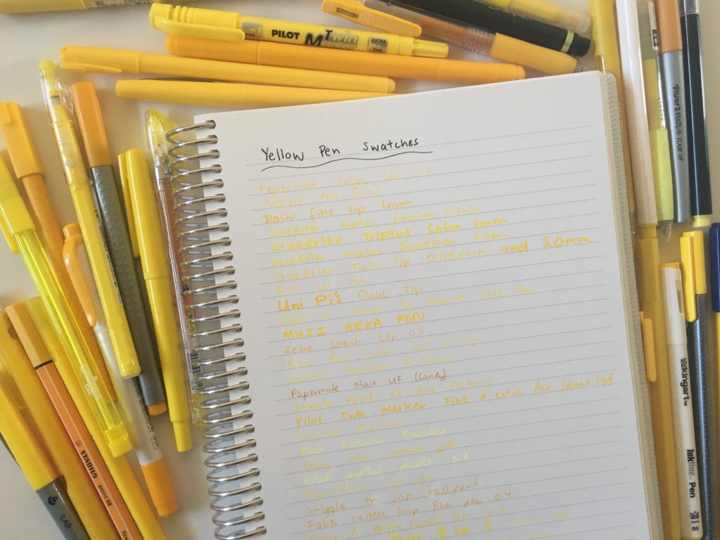 yellow pens for planning ballpoint gel fine tip review swatches ghosting bleed through