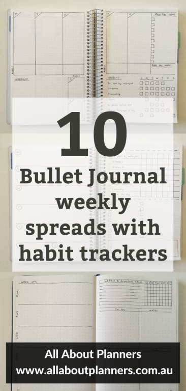 bullet journal weekly spread with habit tracker inspiration ideas simple quick easy monday sunday week start horizontal vertical layouts