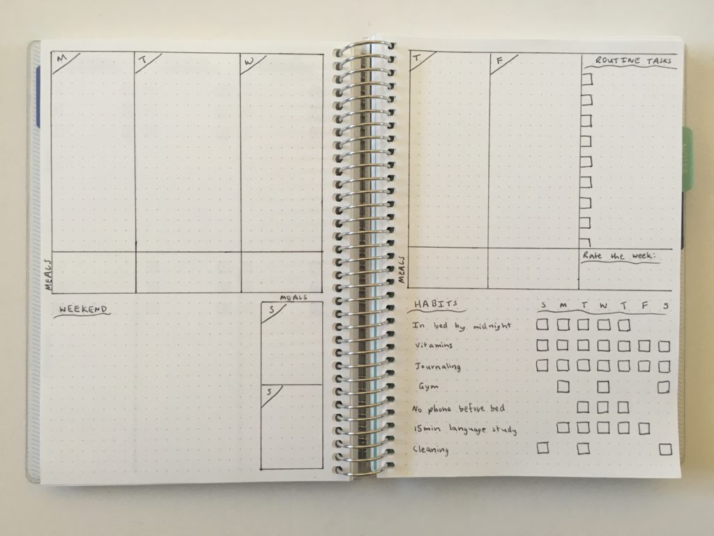bullet journal weekly spread with habit tracker simple quick easy minimalist under 10 minutes frixion erasable pens routine tasks