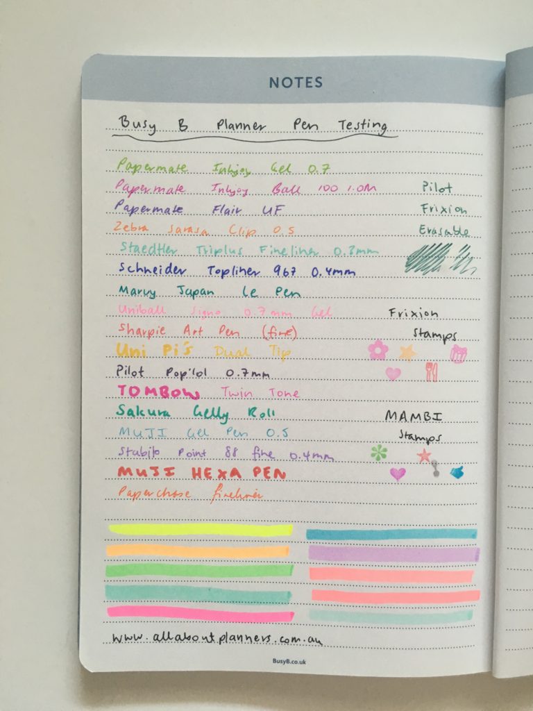 busy b planner pen testing uk stationery brand sewn bound highlighters stamps ghosting bleed through paper quality