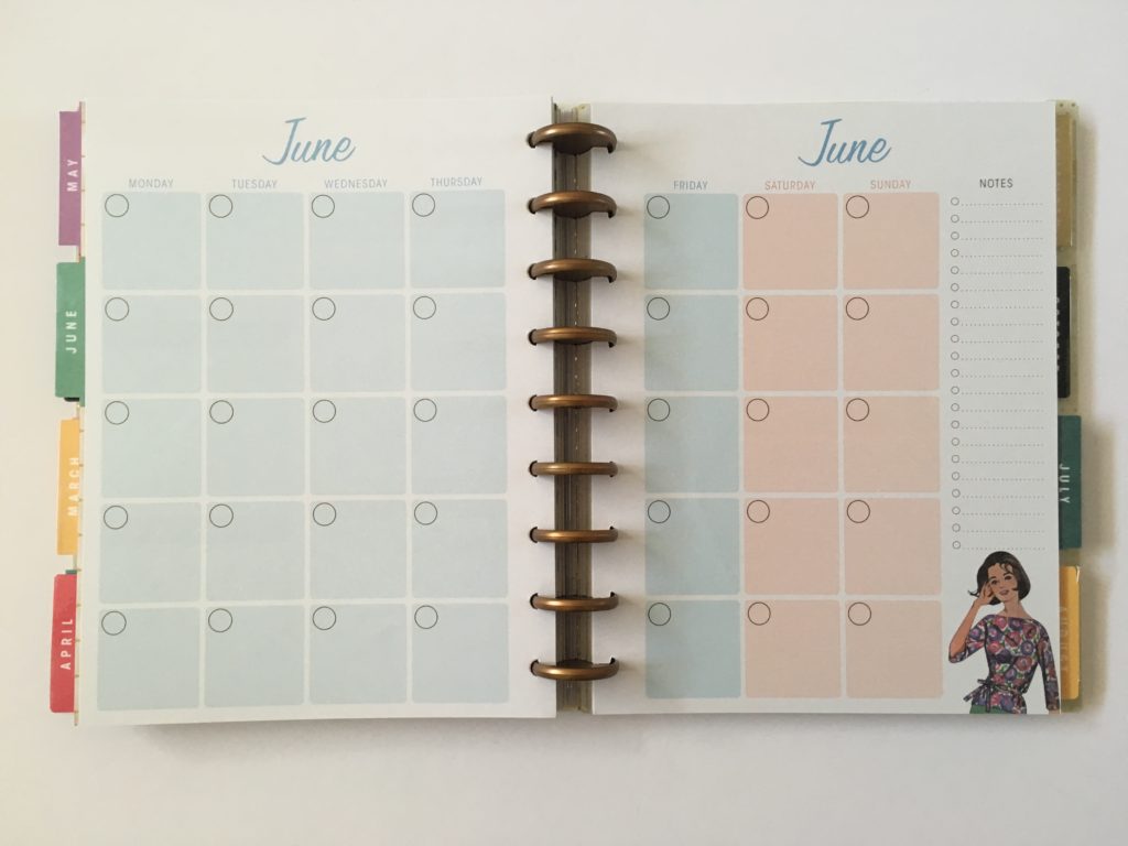 monthly calendar monday start purple blue green pink video review 2 page horizontal weekly spread