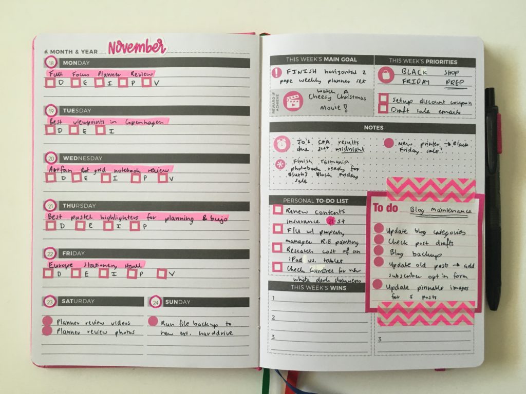 clever fox weekly planner spread pink and black simple quick easy decorating with planner pens washi tape stickers sticky note