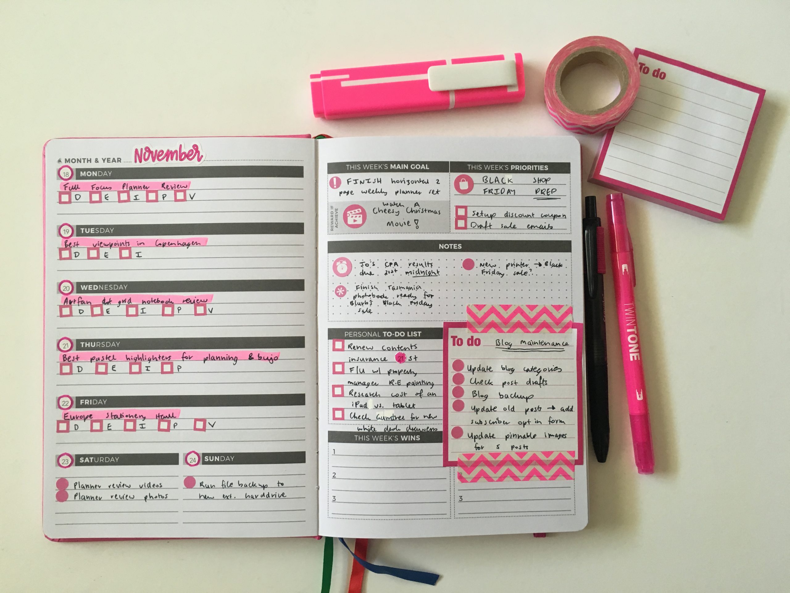 clever fox weekly planner spread pink and black simple quick easy decorating with planner pens washi tape stickers sticky note themed
