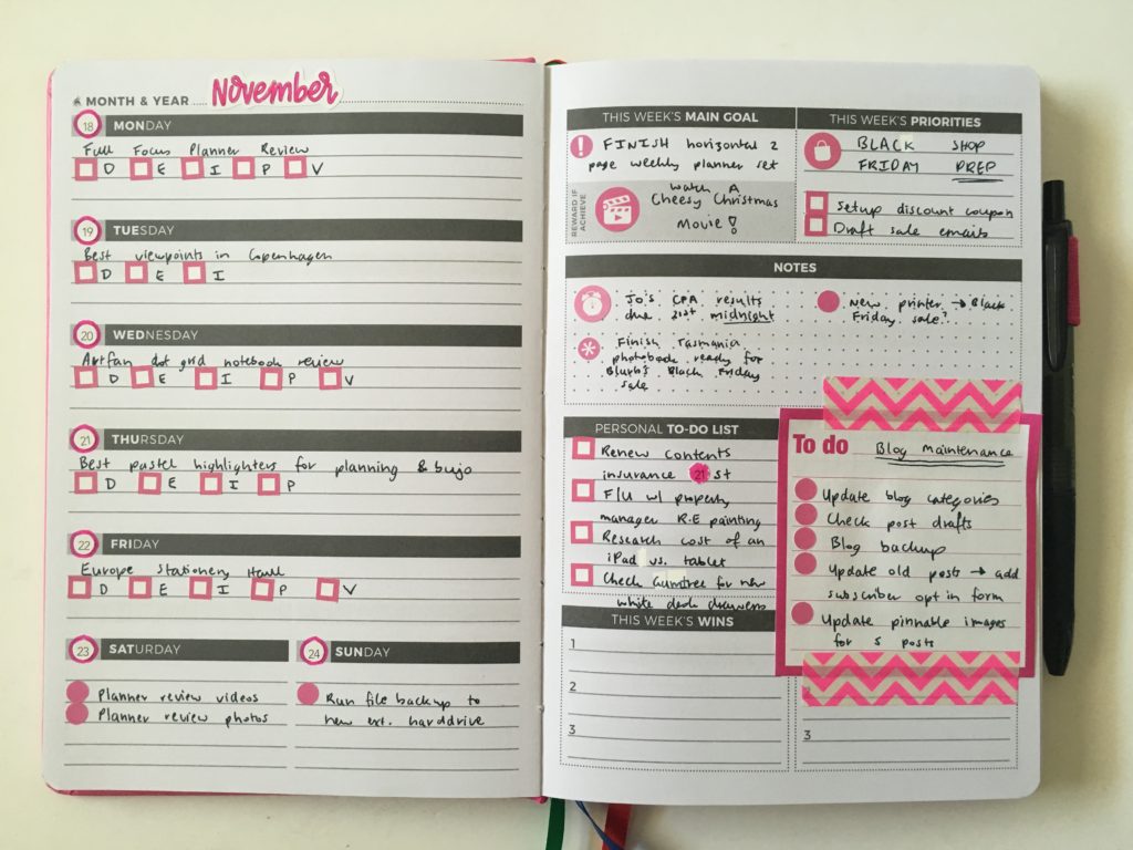 weekly spread clever fox planner pink black theme quick easy simple