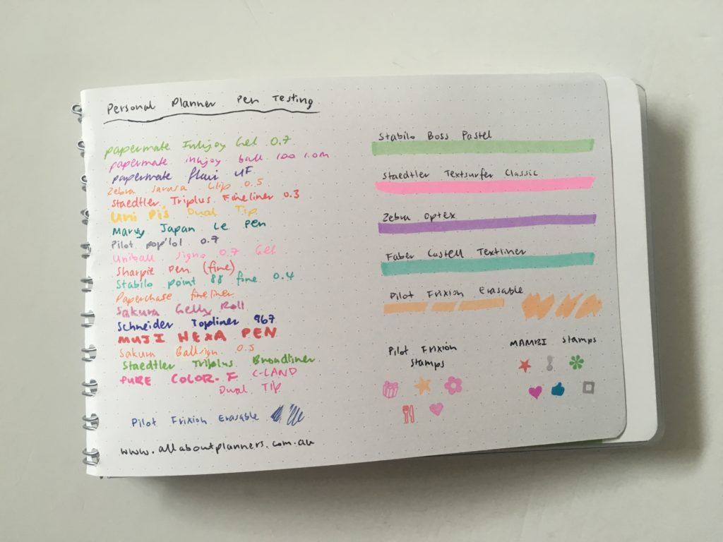 Personal planner weekly planner review pen testing ghosting bleed through pens highlighters