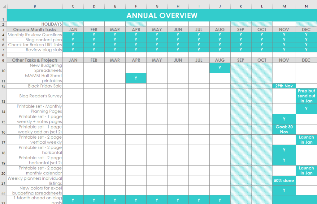 annual overview spreadsheet excel template printable color coding once a month tasks other tasks and projects goals routine habit custom all about planners