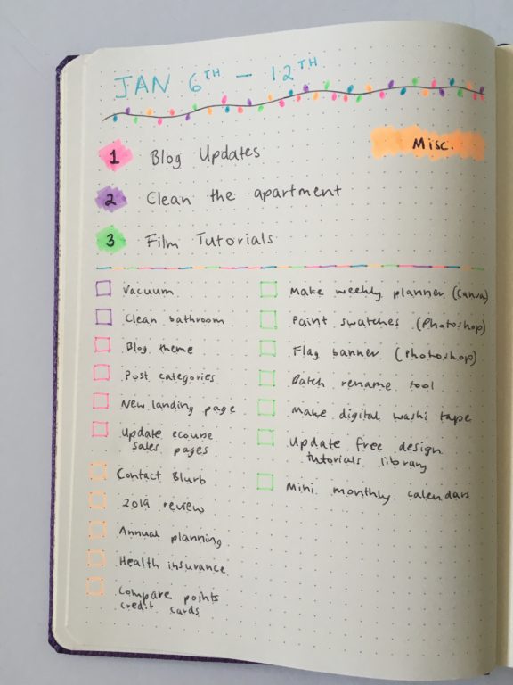 color coded list spread in dingbats dot grid notebook for bullet journaling minimalist color decorating ideas layout spread