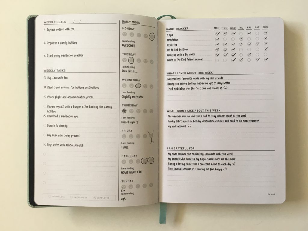 the kind friend journal weekly planner alternative to traditional layout dot grid bright white pages mood tracker checklist weekly habit tracker review questions colorful video flipthrough_03