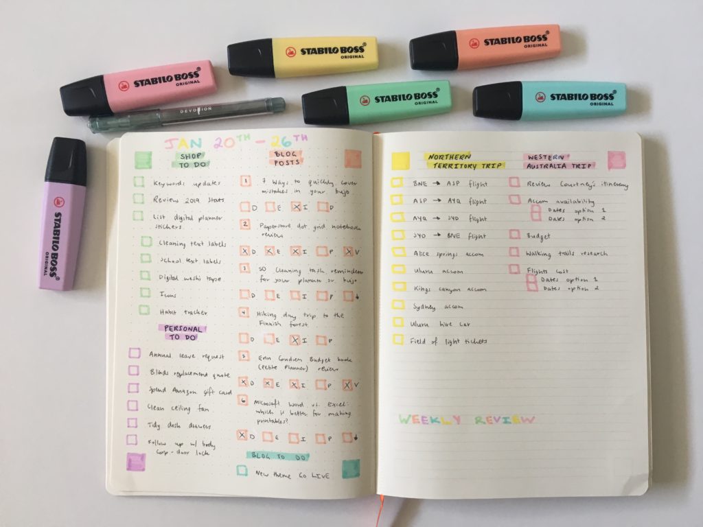 PAIPUR hybrid notebook weekly spread bullet journal dot grid lined notes list maker color coding pastel stabilo boss highlighters_06