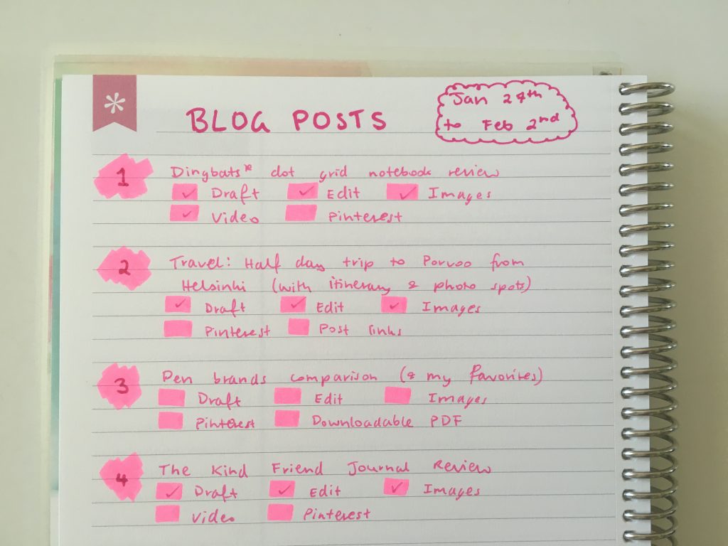 erin condren blogging planner spread in personalised take note notebook pink theme simple quick easy blog to do