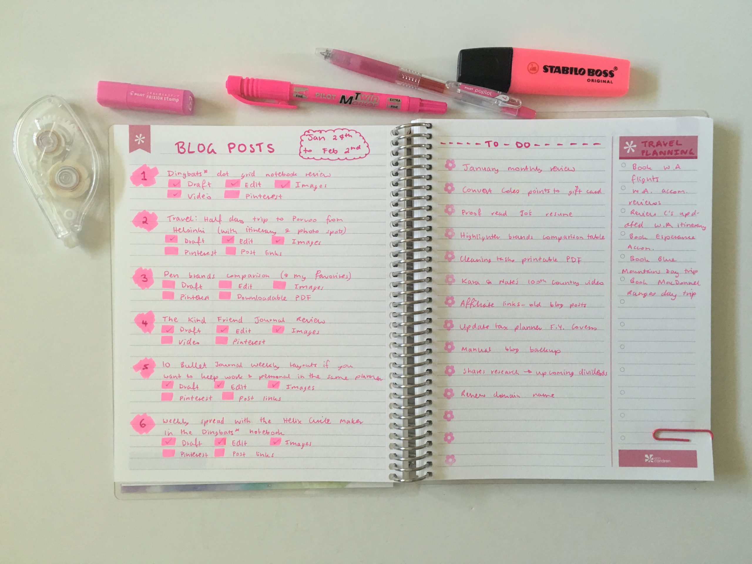 erin condren personalised notebook productivity layout weekly spread pink theme simple quick easy minimalist pilot pop lol stabilo boss highlighter blog travel planning to do categorise