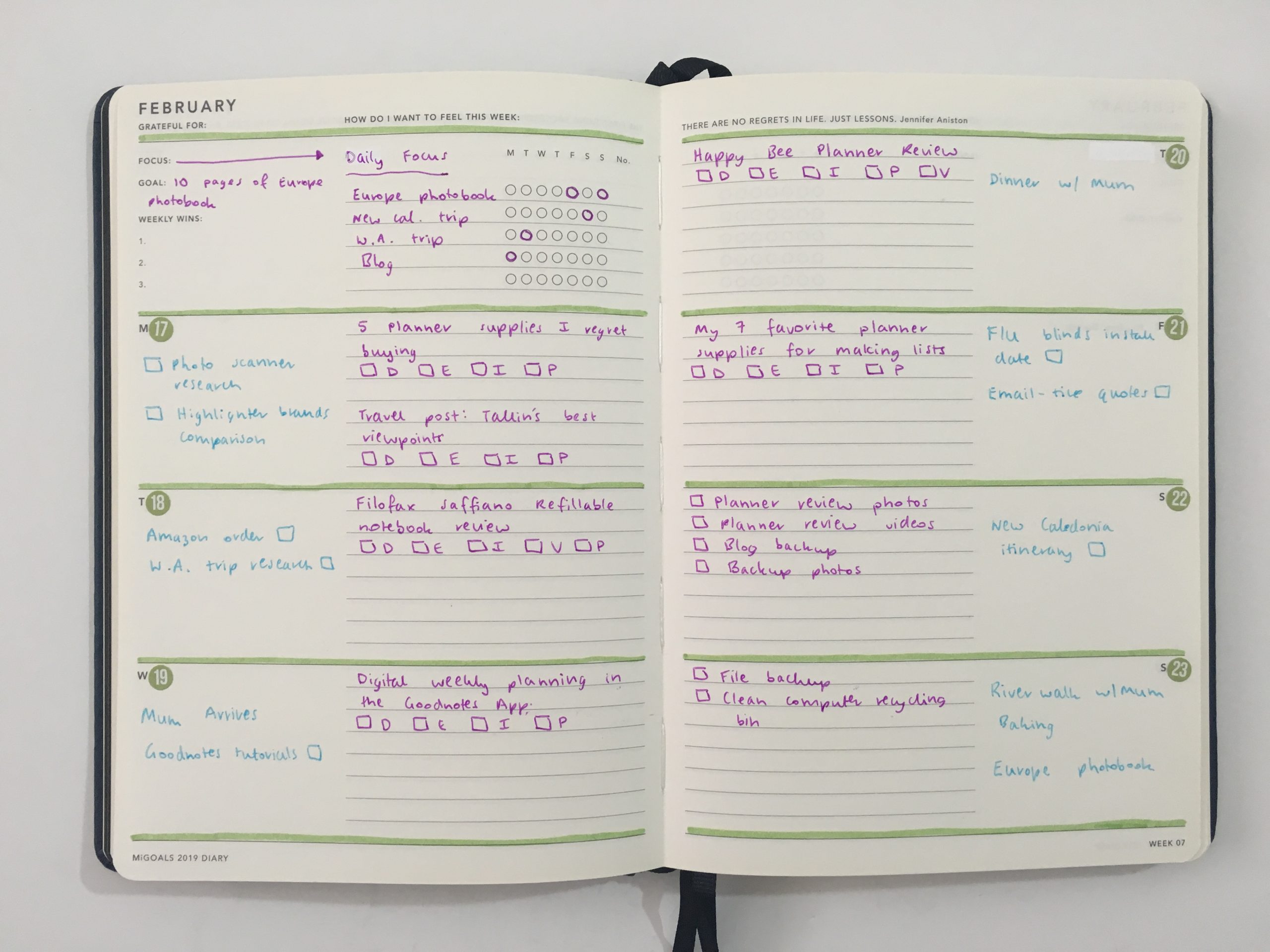 Mi Goals weekly spread simple color coding highlighters pilot poplol lined and unlined horizontal monday week start minimalist carpe diem stickers date dot using an expired planner_04