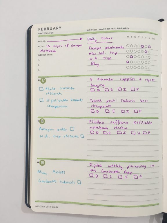 Mi Goals weekly spread simple color coding highlighters pilot poplol lined and unlined horizontal monday week start minimalist carpe diem stickers date dot using an expired planner_05