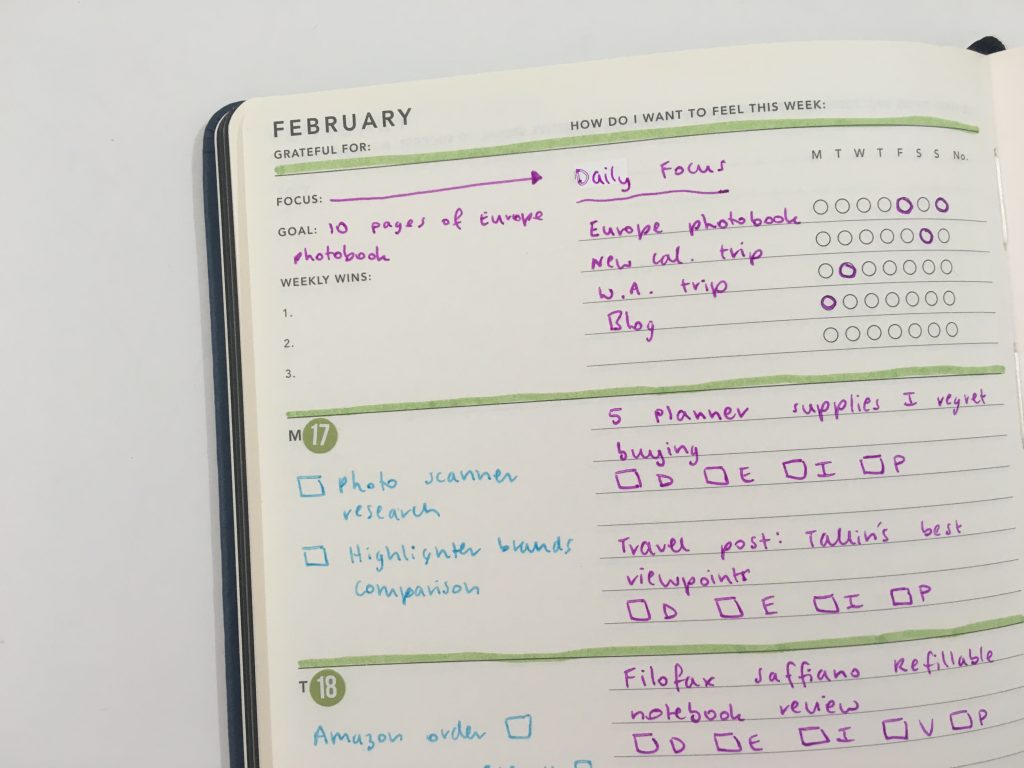 Mi Goals weekly spread simple color coding highlighters pilot poplol lined and unlined horizontal monday week start minimalist carpe diem stickers date dot using an expired planner_07