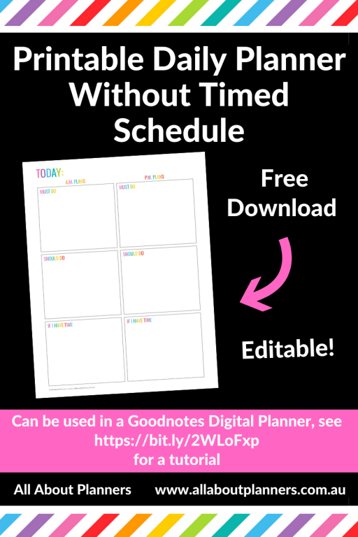 free printable daily planner day to a page without timed schedule free download all about planners editable type your text before printing download fillable pdf