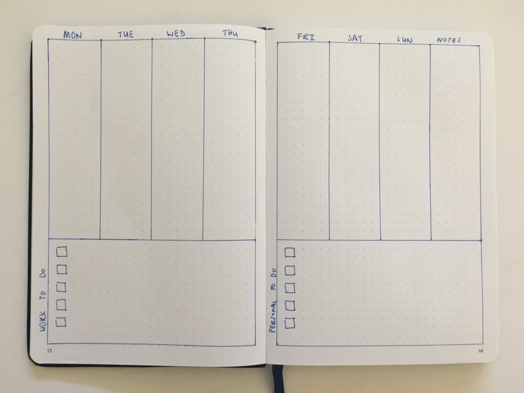bullet journal vertical weekly spread monday start combined weekend simple quick easy minimalist frixion erasable pen beginner newbie inspiration spread layout ideas_05