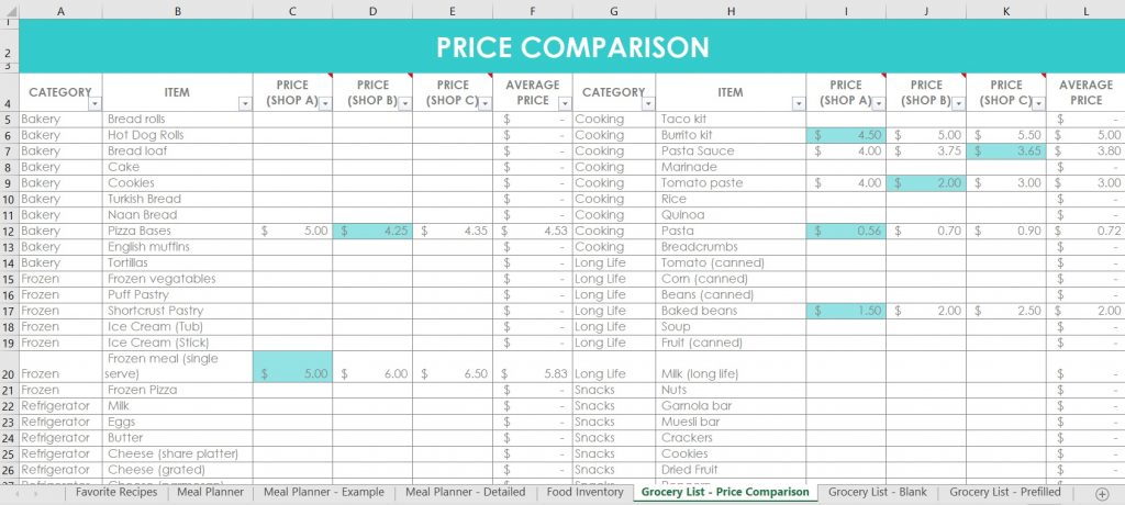 grocery list price comparison automatically find the cheapest price shopping list couponing excel template automatic formulas meal planning