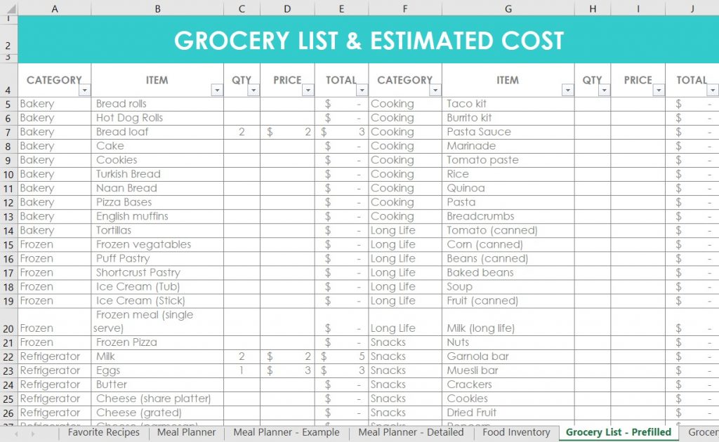 grocery list template excel editable template instant download categorised grocery list shopping template google sheets