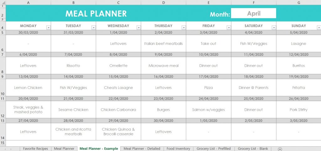 meal planning breakfast lunch dinner snacks family menu plan monthly editable customisable excel spreadsheet template google sheets mac