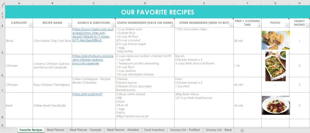 our favorite recipes index excel spreadsheet organizer meal planning google sheets organisation grocery list food inventory