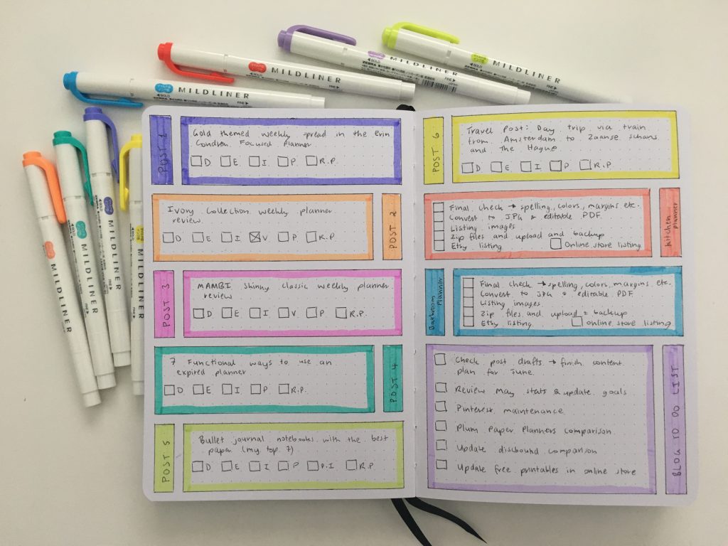 buke stationery bullet journal weekly spread using highlighters simple quick easy colorful horizontal layout 2 page spread