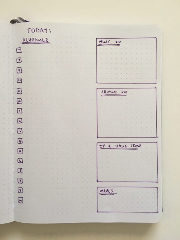 bullet journal daily planner layout schedule from 7am to 10pm simple minimalist quick easy must do should do if i have time tasks meals
